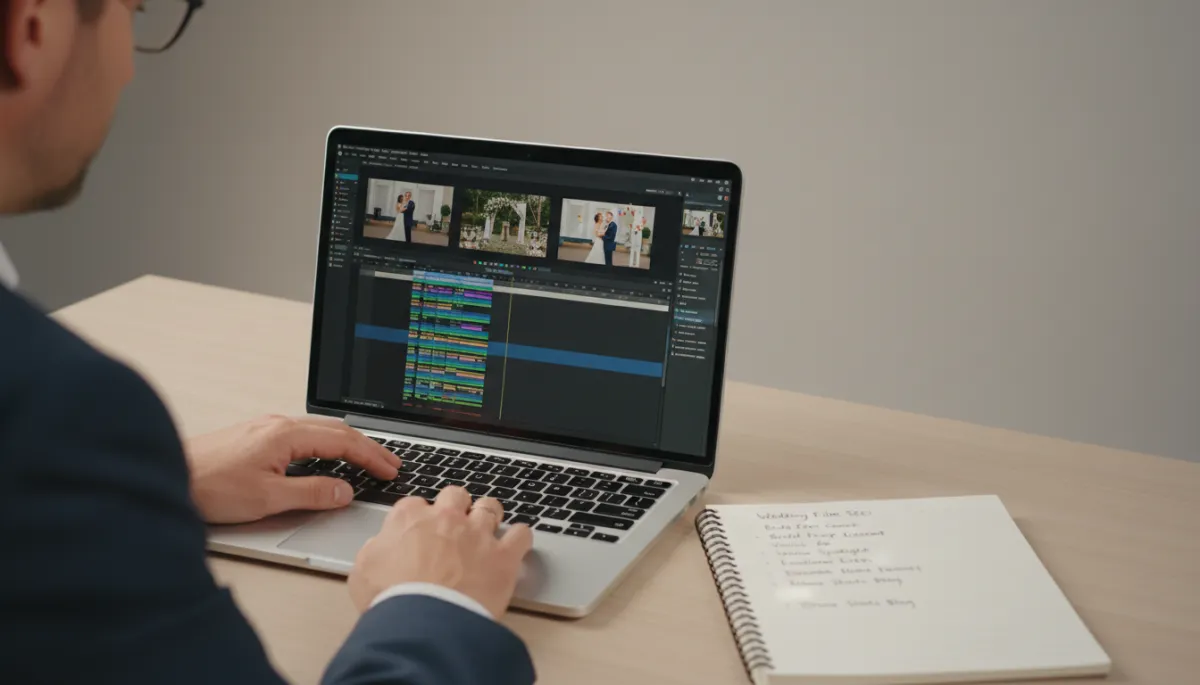 Wedding videographer editing a wedding film while planning SEO content in a notebook Wedding videographer editing a wedding film while planning SEO content in a notebook