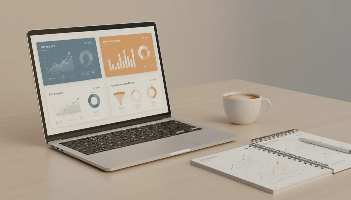 Dashboard comparing SEO analytics and paid advertising performance for a small business Dashboard comparing SEO analytics and paid advertising performance for a small business