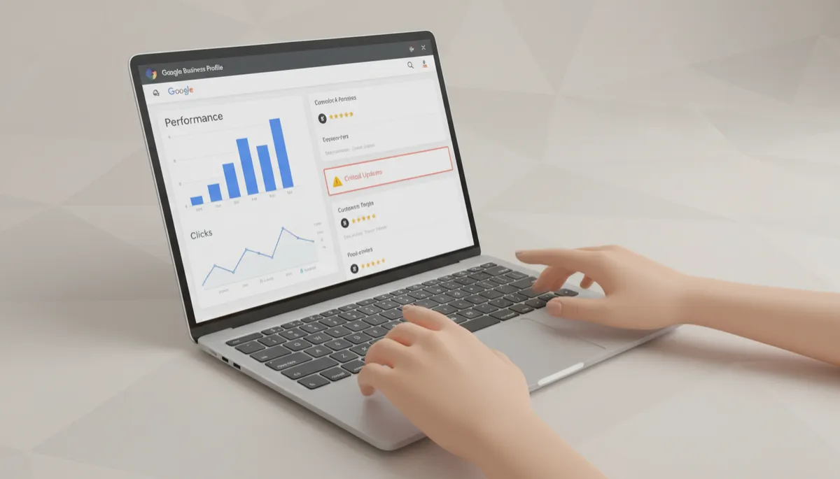 Marketer reviewing Google Business Profile performance and alerts on a laptop