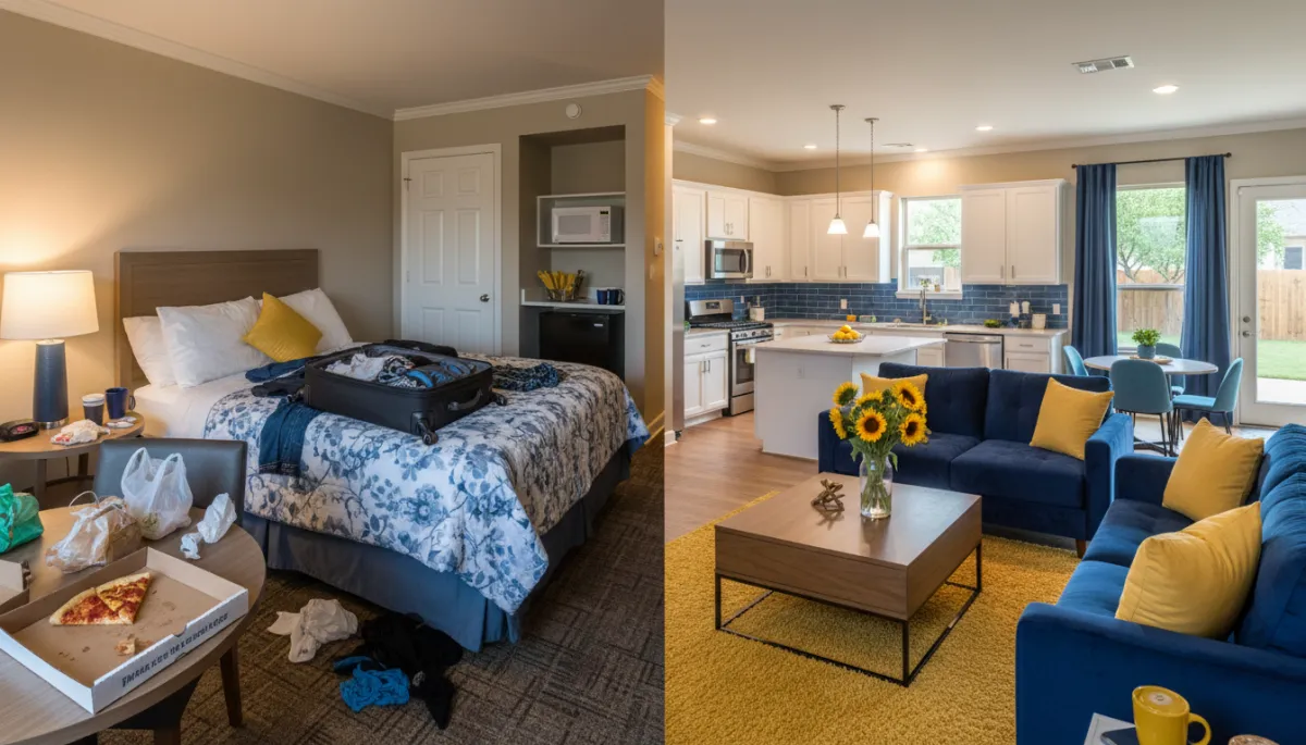 Comparison between cramped hotel room and spacious furnished rental in San Antonio Comparison between cramped hotel room and spacious furnished rental in San Antonio