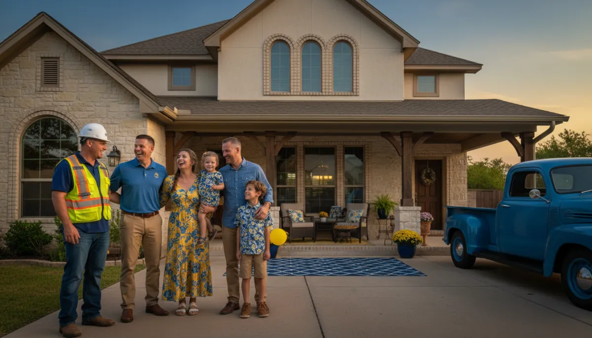 Happy guests including crews, military, and families in front of a San Antonio furnished rental Happy guests including crews, military, and families in front of a San Antonio furnished rental