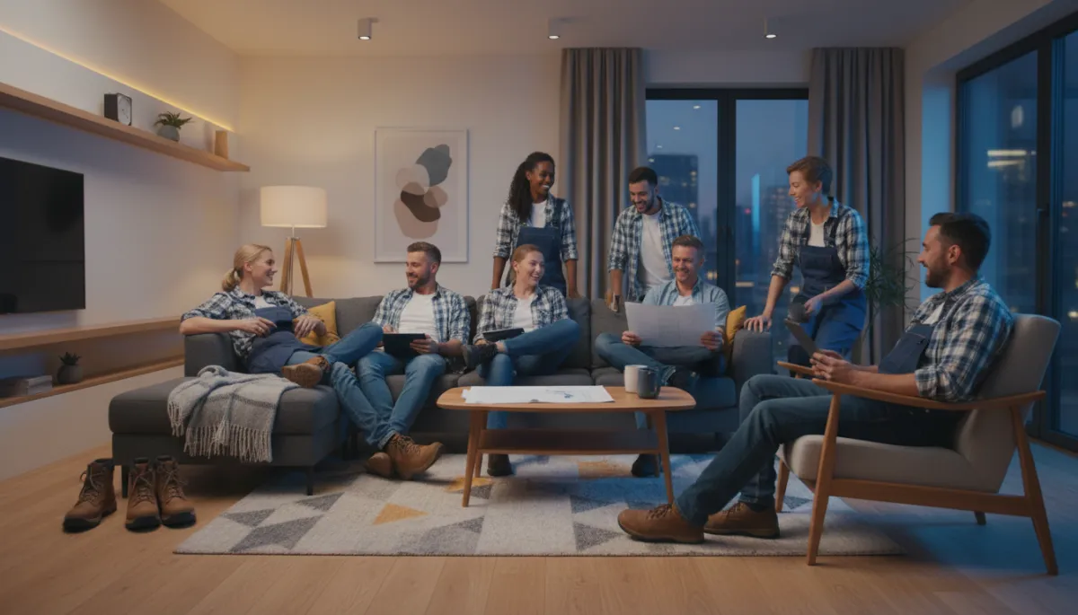 Construction crew relaxing in a furnished living room after a shift Construction crew relaxing in a furnished living room after a shift