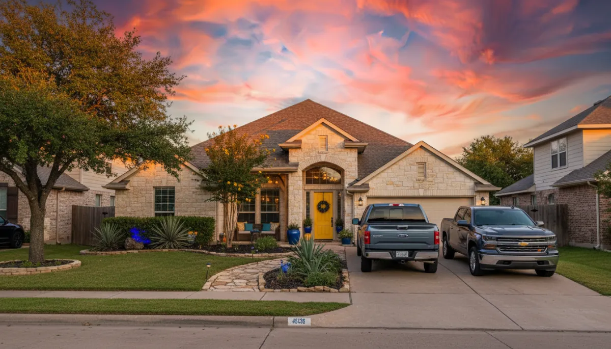 Well-kept furnished home exterior in a San Antonio neighborhood with work trucks parked Well-kept furnished home exterior in a San Antonio neighborhood with work trucks parked