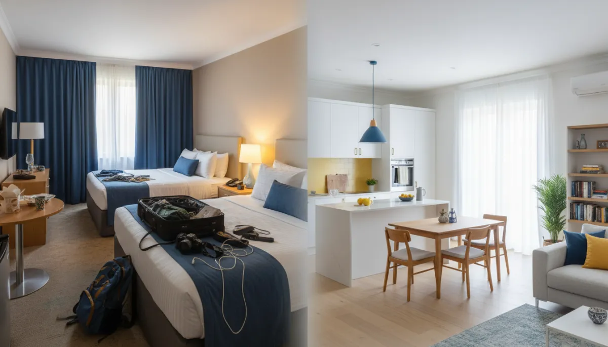 Comparison of cramped hotel room and spacious furnished crew housing Comparison of cramped hotel room and spacious furnished crew housing