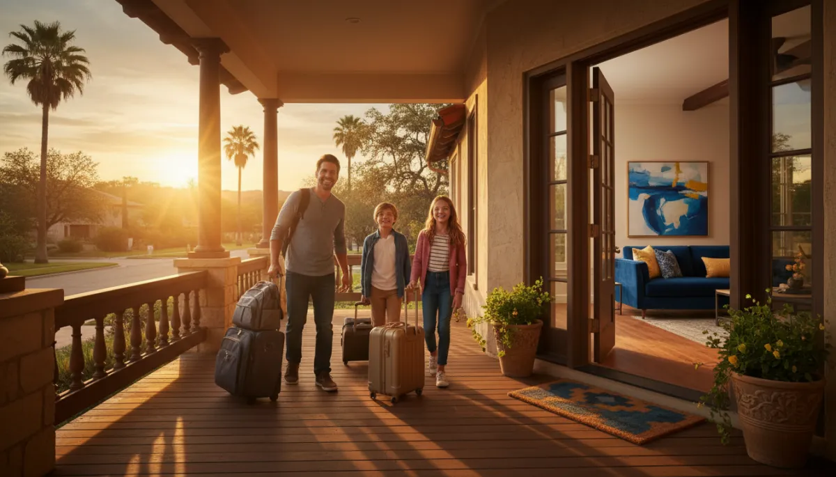 Family arriving at furnished ALE rental home in San Antonio Family arriving at furnished ALE rental home in San Antonio