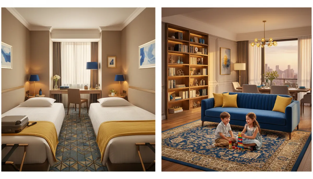 Comparison of cramped hotel room and spacious furnished rental for ALE housing Comparison of cramped hotel room and spacious furnished rental for ALE housing
