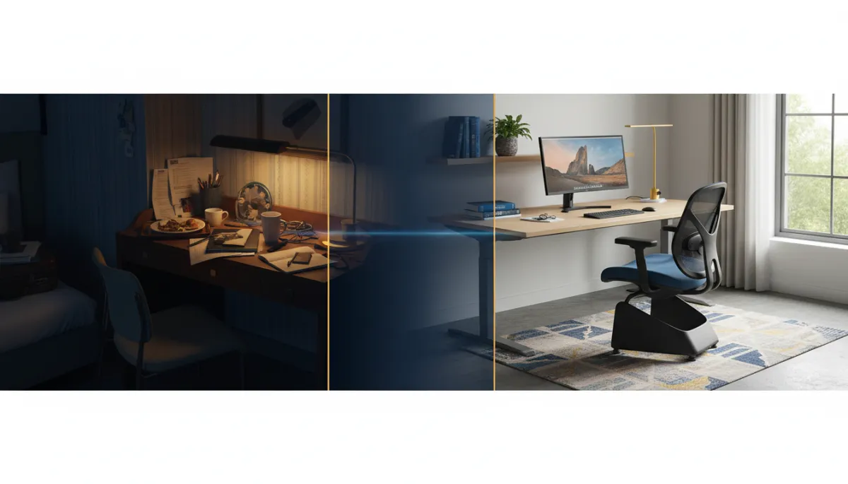 Comparison of cramped hotel workspace versus spacious furnished home workspace
