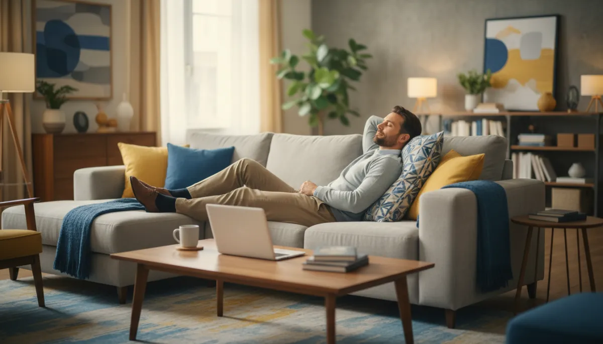 Traveling professional relaxing comfortably in a furnished San Antonio living room