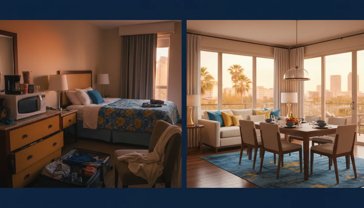 Comparison between cramped hotel room and spacious furnished rental