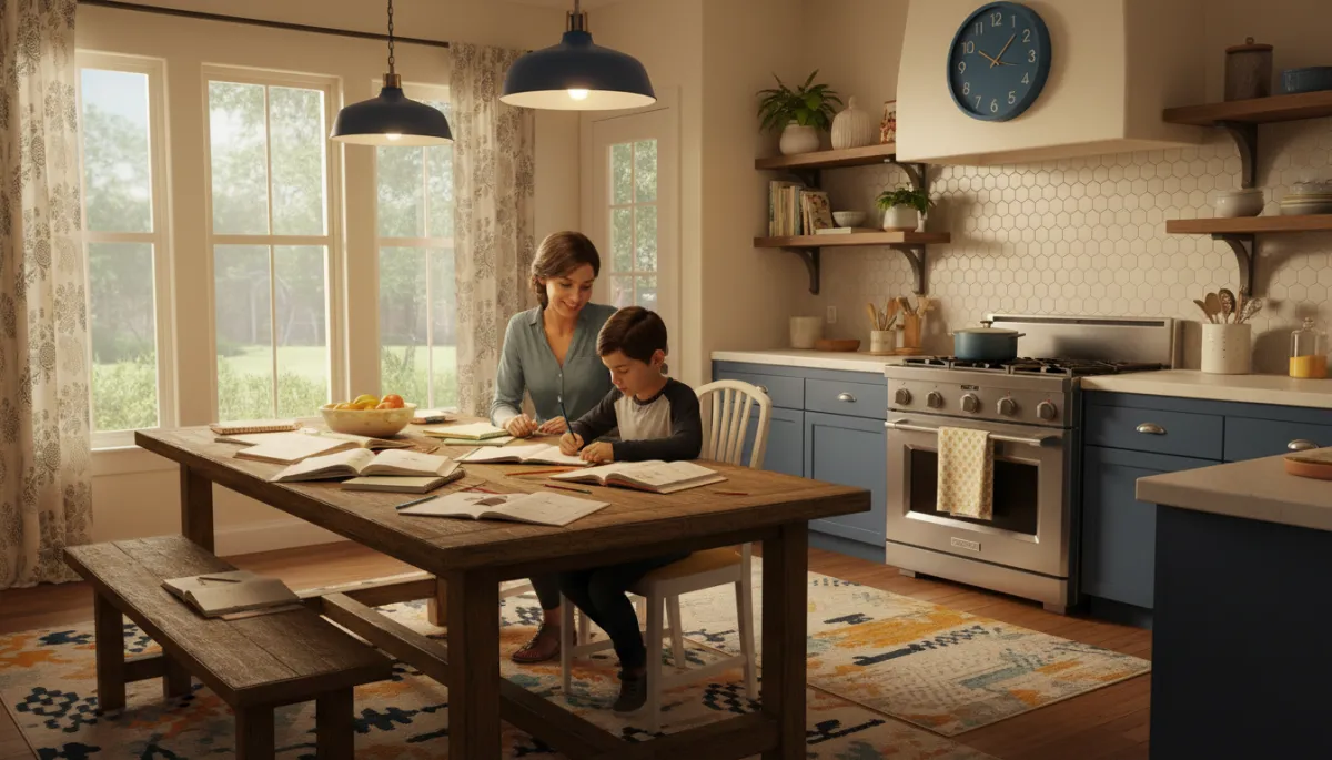 photorealistic warm scene of a child doing homework at a kitchen table in a furnished San Antonio home, parent nearby cooking at the stove, evening golden light, subtle blue #05498f and yellow #ffd301 accents in decor, calm and stable mood photorealistic warm scene of a child doing homework at a kitchen table in a furnished San Antonio home, parent nearby cooking at the stove, evening golden light, subtle blue #05498f and yellow #ffd301 accents in decor, calm and stable mood