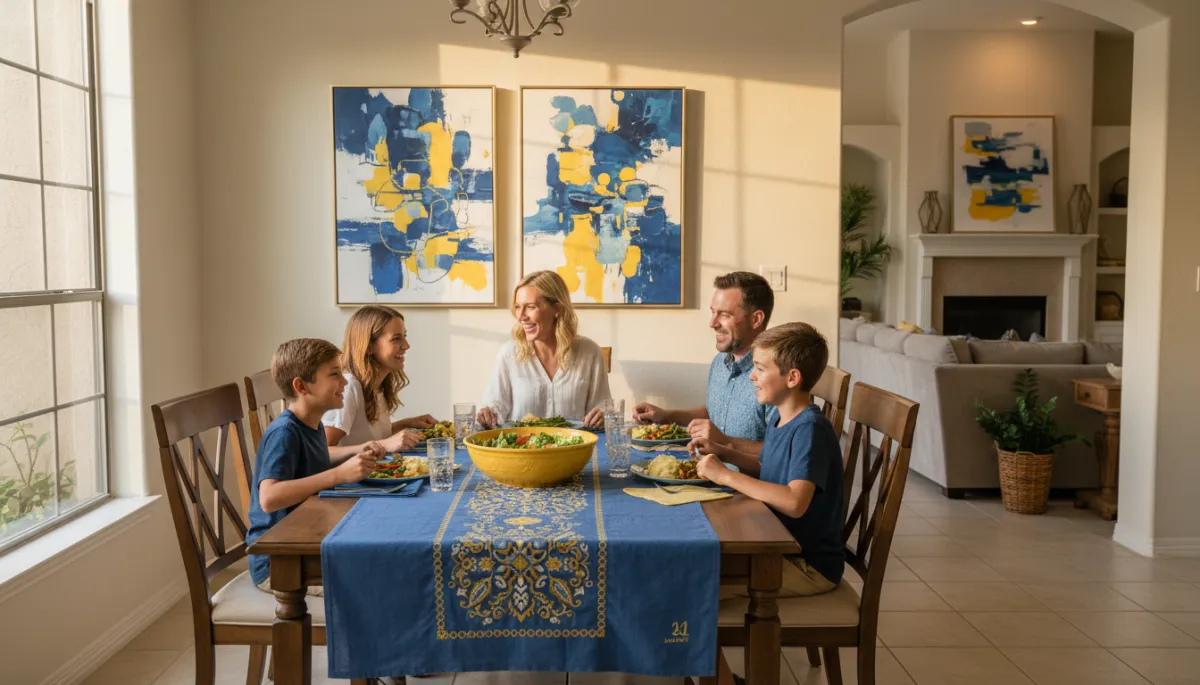 photorealistic warm family dinner in a furnished San Antonio home, parents and kids around a table sharing a simple meal, soft evening light, subtle blue #05498f and yellow #ffd301 in table linens and wall art, scene of normalcy and connection photorealistic warm family dinner in a furnished San Antonio home, parents and kids around a table sharing a simple meal, soft evening light, subtle blue #05498f and yellow #ffd301 in table linens and wall art, scene of normalcy and connection