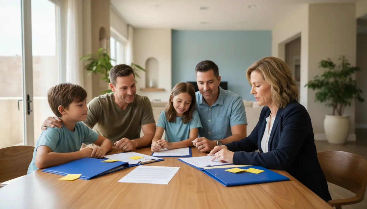 photorealistic calm scene of a San Antonio family sitting at a table with an insurance representative, soft light, simple documents and checklist on the table, subtle blue #05498f folders and yellow #ffd301 sticky notes, everyone focused but calm photorealistic calm scene of a San Antonio family sitting at a table with an insurance representative, soft light, simple documents and checklist on the table, subtle blue #05498f folders and yellow #ffd301 sticky notes, everyone focused but calm