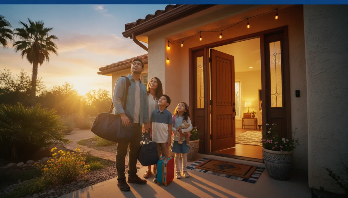 photorealistic hopeful scene of a San Antonio family standing at the front door of a furnished home at sunset, carrying a few bags, visibly relieved, warm golden light, subtle blue #05498f and yellow #ffd301 accents on door mat and porch decor photorealistic hopeful scene of a San Antonio family standing at the front door of a furnished home at sunset, carrying a few bags, visibly relieved, warm golden light, subtle blue #05498f and yellow #ffd301 accents on door mat and porch decor