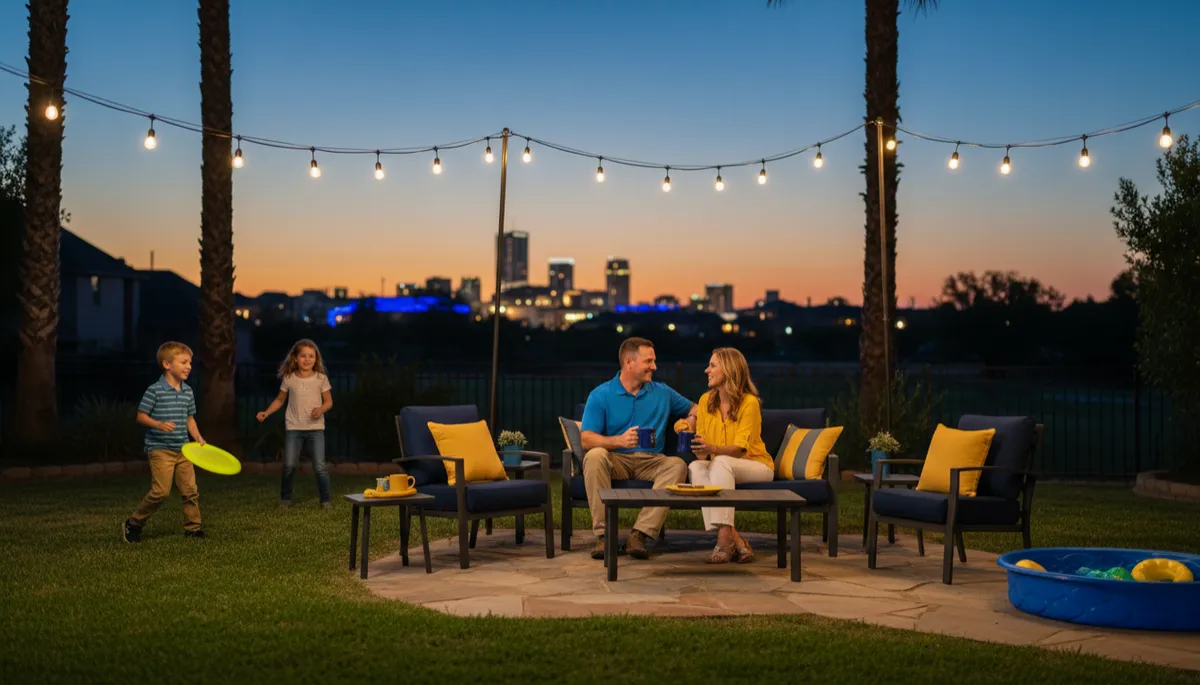 Military family relaxing in the backyard of a furnished PCS rental