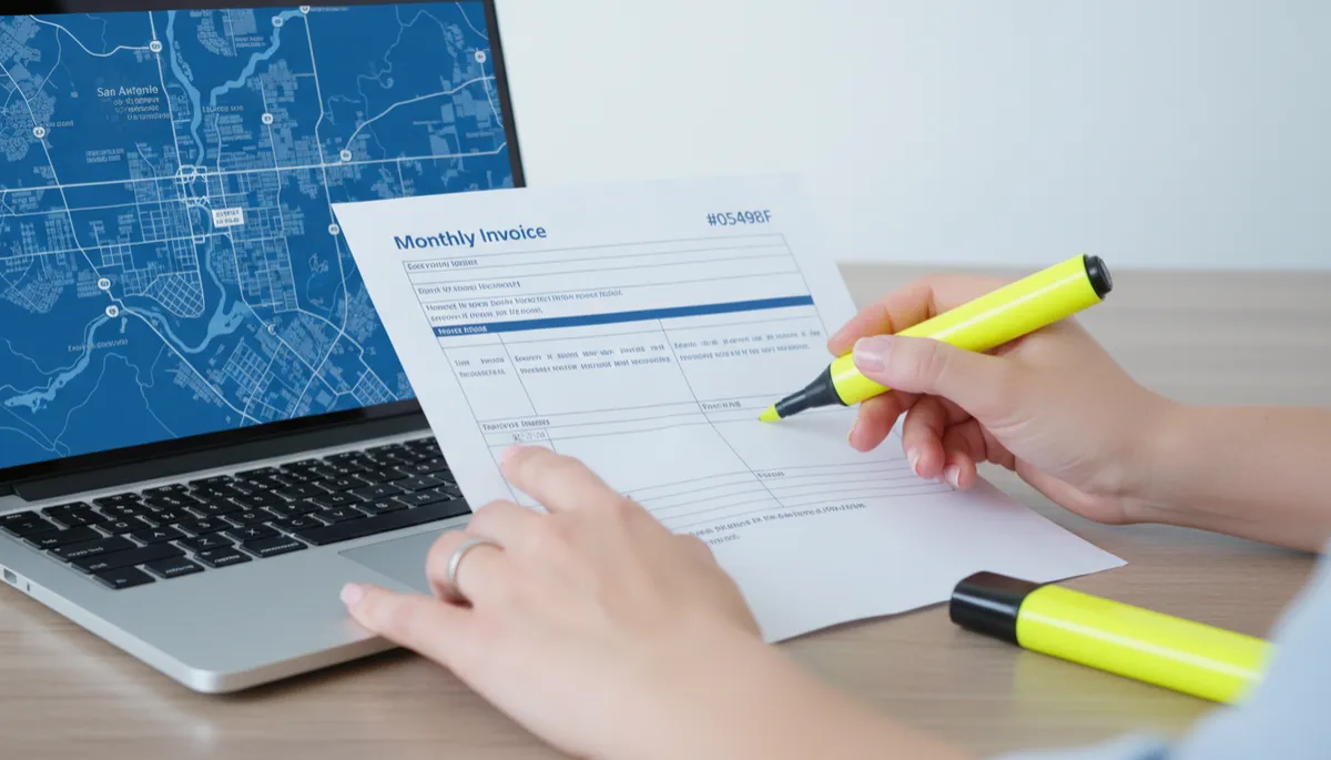 Coordinator reviewing detailed monthly furnished housing invoice alongside a San Antonio map