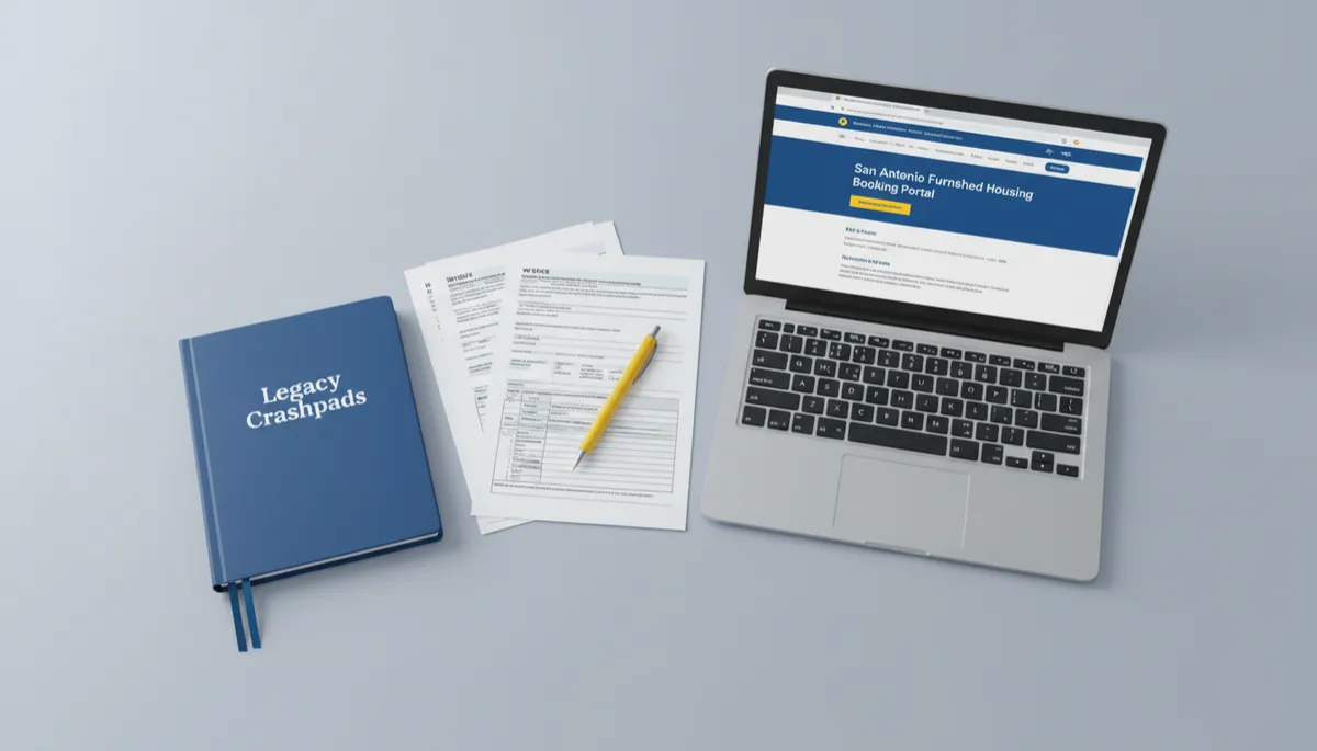 Organized workspace with invoices, W-9, and a laptop used for managing furnished housing bookings
