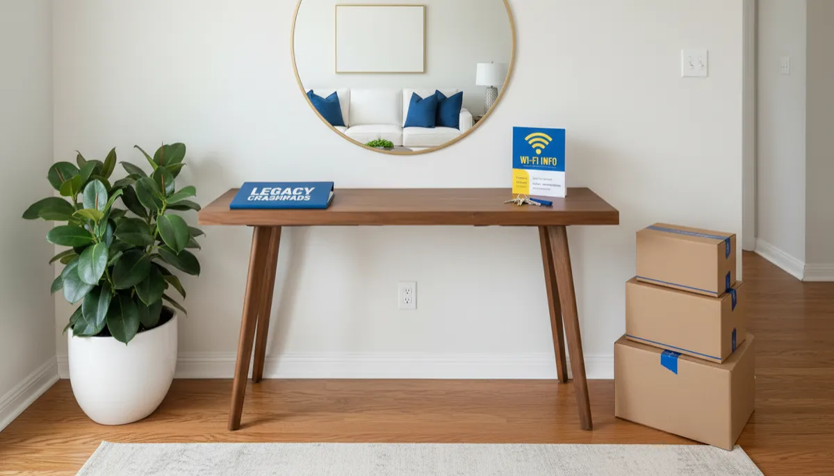 Move-in ready furnished home entryway with welcome materials and Wi-Fi information