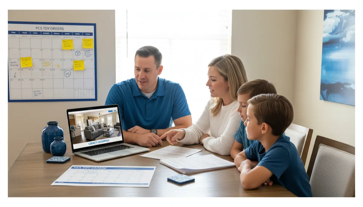 Military family reviewing PCS TDY housing plans and dates around a dining table