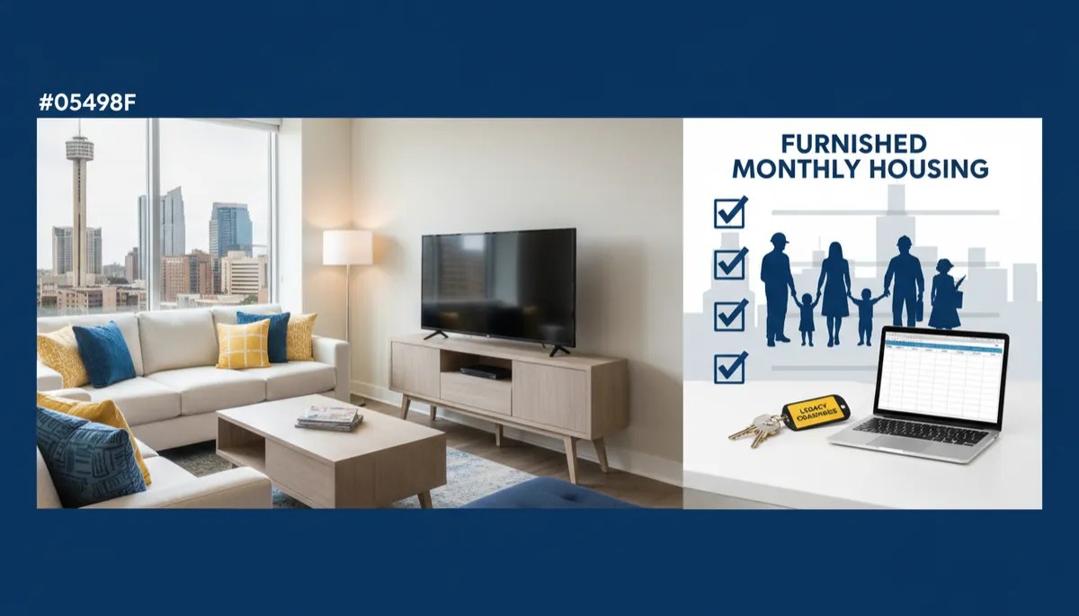 Modern furnished living room in San Antonio with a white sofa, blue accent wall and yellow pillows, ready for a 30+ day stay