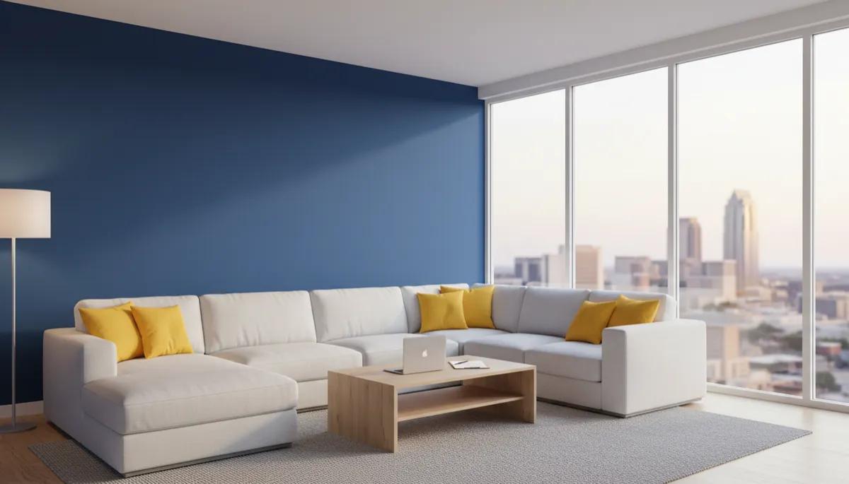 Modern furnished living room in San Antonio with a white sofa, blue accent wall and yellow pillows, ready for a 30+ day stay
