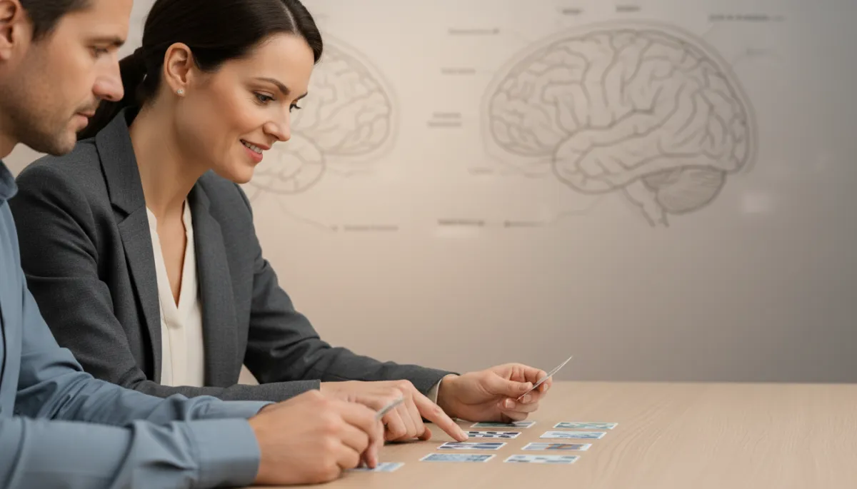 Clinician and patient working together on a visual memory matching task in a professional setting