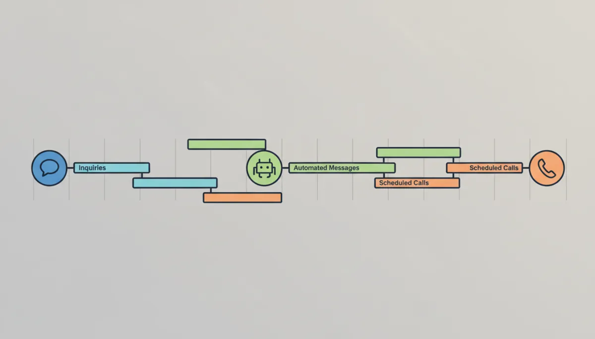 professional neutral-tone dashboard view showing a unified timeline of senior care inquiries, automated messages, and scheduled calls, photorealistic professional style