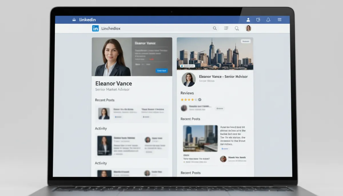 Up-to-date professional profiles with recent posts and reviews displayed on a laptop