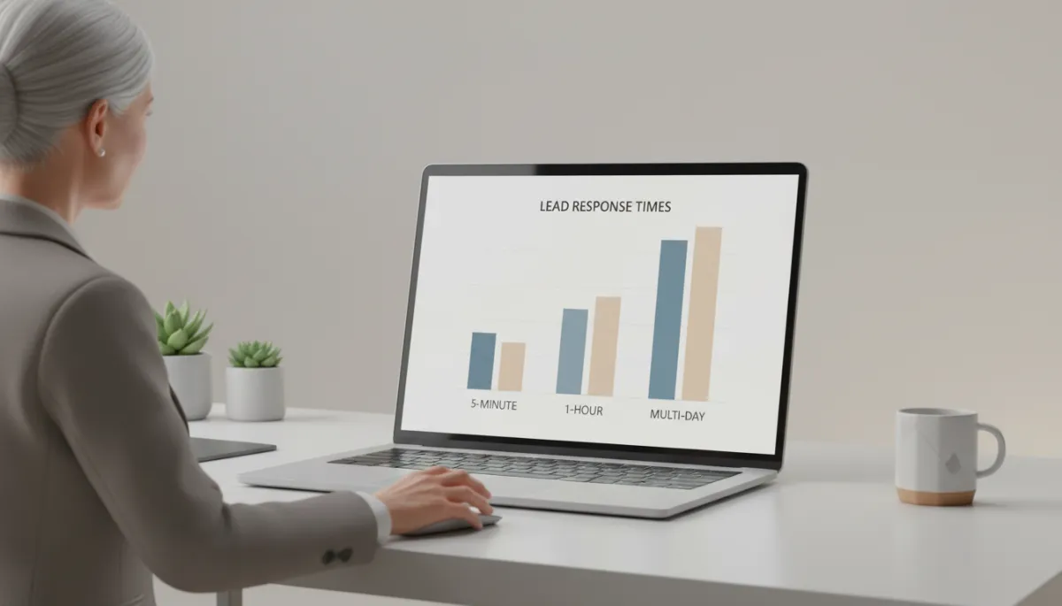 Professional reviewing data on lead response times on a laptop