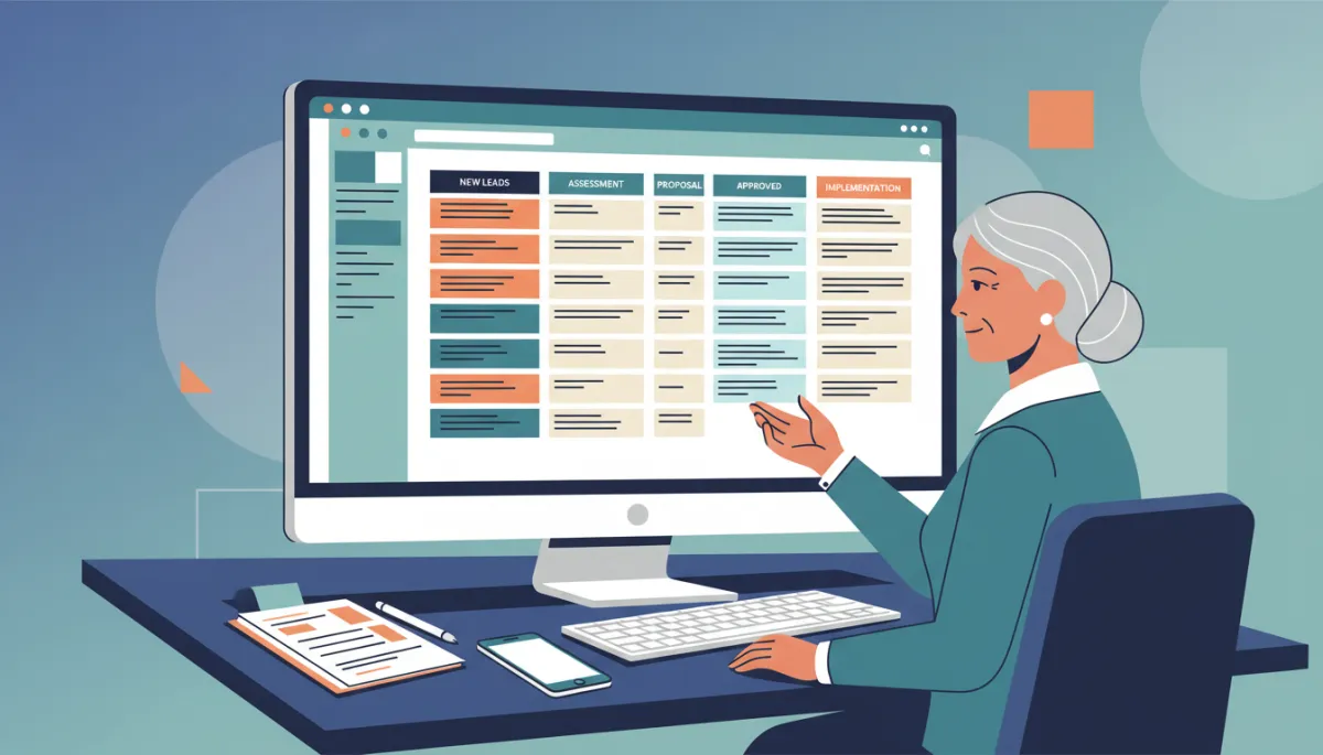 Senior services advisor reviewing an organized CRM pipeline on a large monitor
