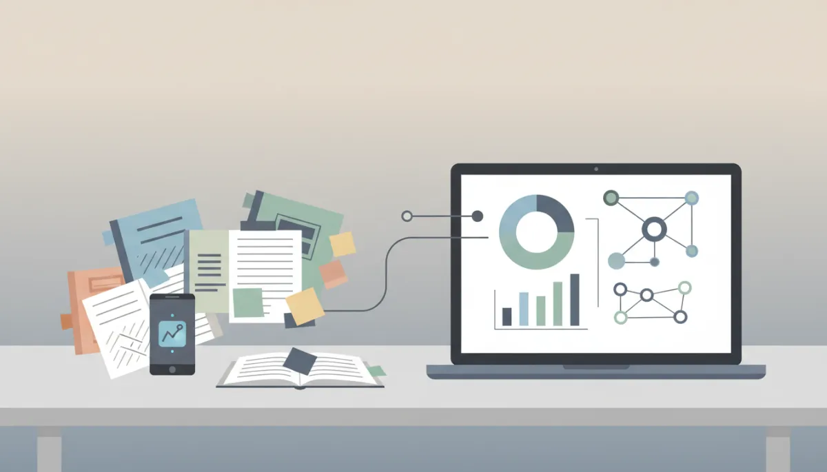 Scattered notes and phone next to a laptop with an organized CRM dashboard