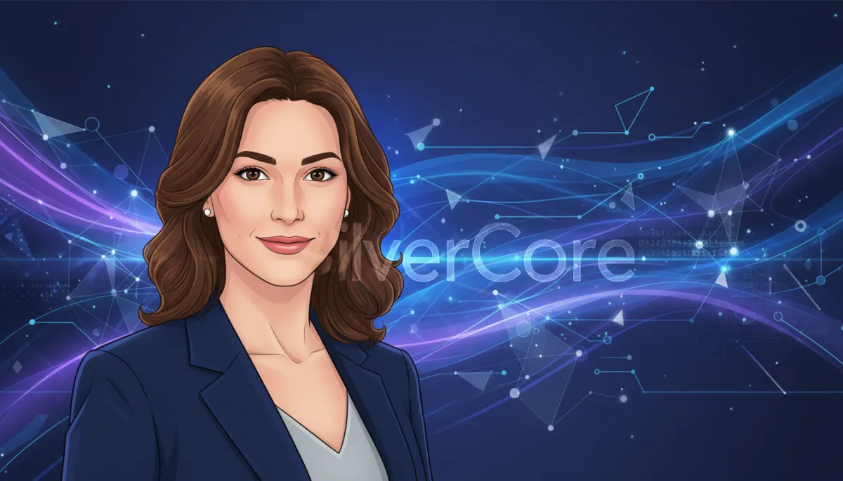 A branded headshot of Sara Guida, founder of SilverCore, with a subtle overlay of AI-related graphics.