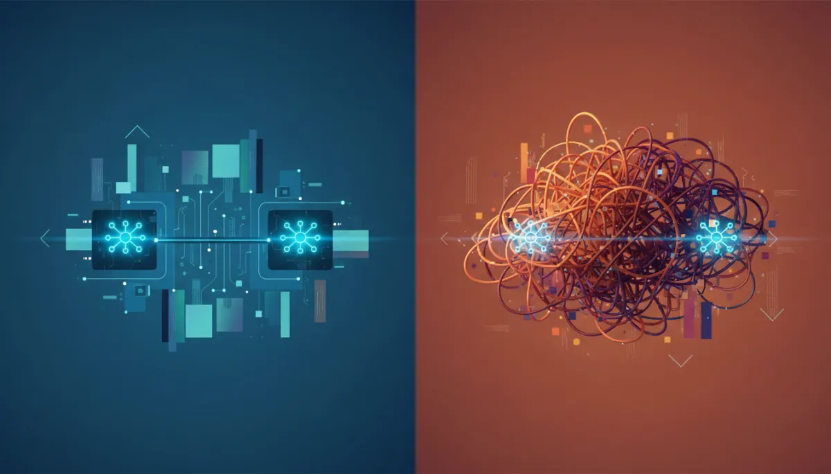 A modern, conceptual illustration showing two businesses using identical AI tools, but one business has a well-designed, organized workflow diagram glowing or highlighted, while the other has a messy, tangled workflow. The image should visually reinforce the idea that workflow, not tools, creates the real competitive advantage. A modern, conceptual illustration showing two businesses using identical AI tools, but one business has a well-designed, organized workflow diagram glowing or highlighted, while the other has a messy, tangled workflow. The image should visually reinforce the idea that workflow, not tools, creates the real competitive advantage.