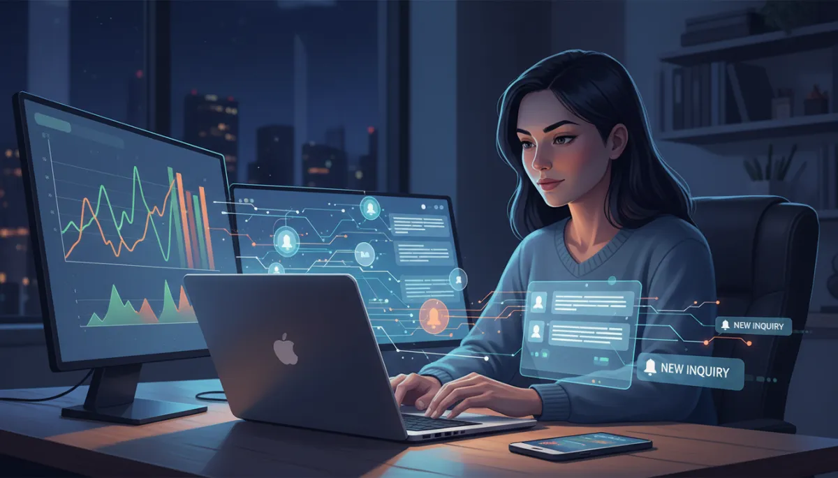 Service business owner viewing real-time lead notifications and AI chat conversations on a laptop in a dimly lit office at night, phone on the desk showing new inquiry alerts, subtle graphs of conversion rates on a second monitor