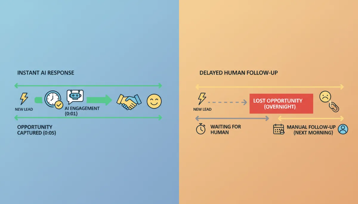 Side-by-side comparison of two timelines, one showing instant AI response to a new lead and the other showing delayed human-only follow-up stretching into the next morning, with lost opportunity highlighted in red