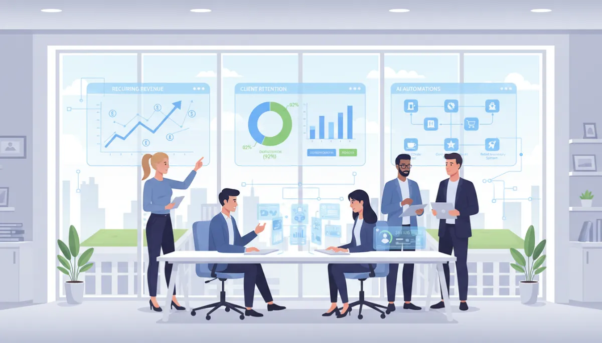 Modern AI agency team in a bright office reviewing dashboards showing recurring revenue, client retention metrics, and AI automations running across multiple local businesses
