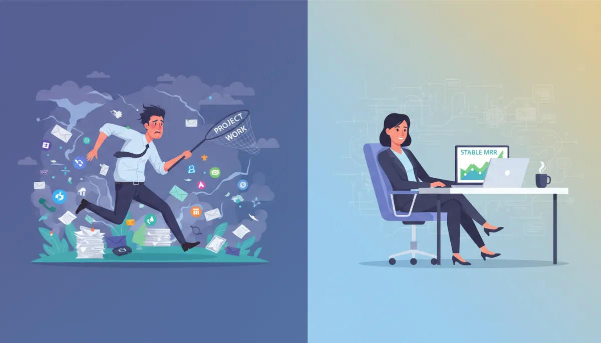 Side-by-side comparison of an exhausted solo agency owner chasing project work versus a calm AI agency founder reviewing stable monthly recurring revenue charts on a laptop