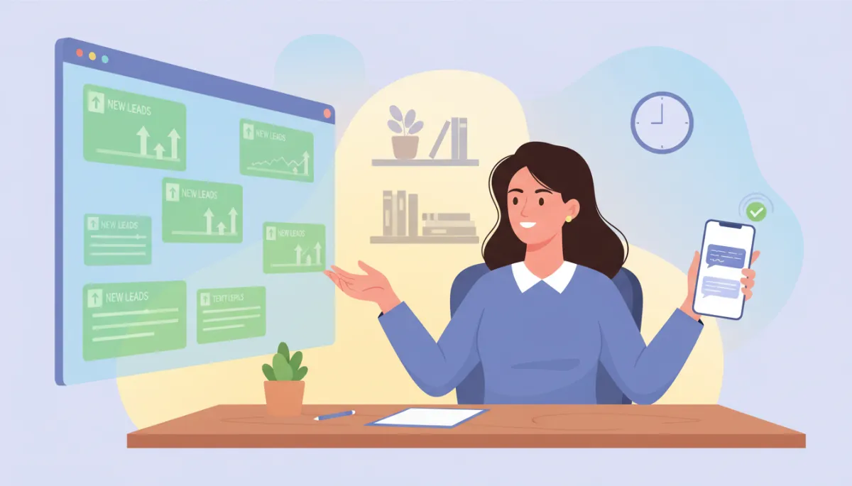 Service business owner in a small office watching new leads appear instantly on a CRM dashboard while their phone shows an automated text reply being sent to a recent missed call, conveying speed and responsiveness