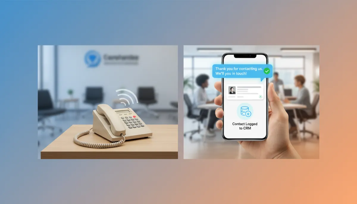 Split scene showing on the left a ringing office phone going unanswered on an empty reception desk, and on the right a smartphone automatically sending a text reply and logging the contact into a CRM, highlighting the contrast between missed and captured leads