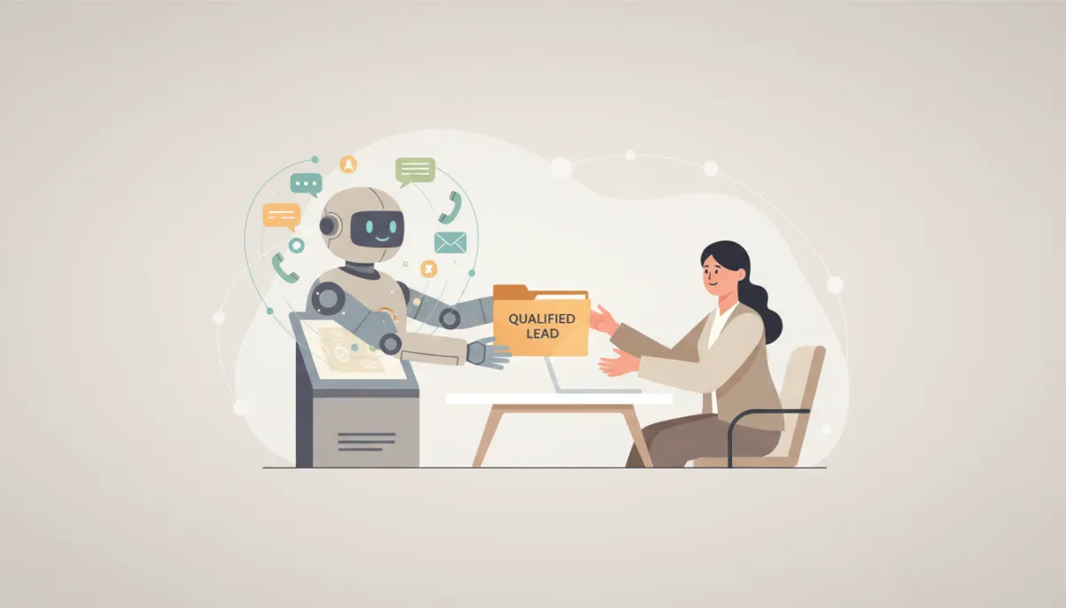 Illustration of AI assistant passing qualified lead to human sales rep Illustration of AI assistant passing qualified lead to human sales rep