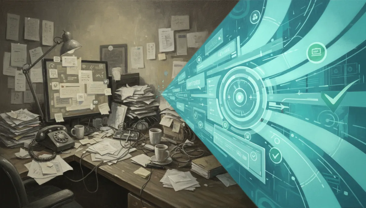 Canvas oil painting contrasting slow manual follow-up with streamlined automated lead response in a fresh aqua palette