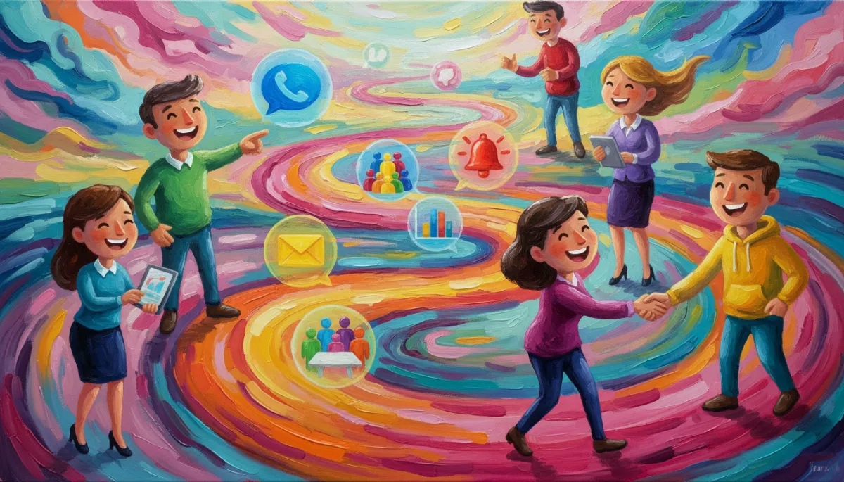 Canvas oil painting of a colorful, story-like sales pipeline with activities along the path