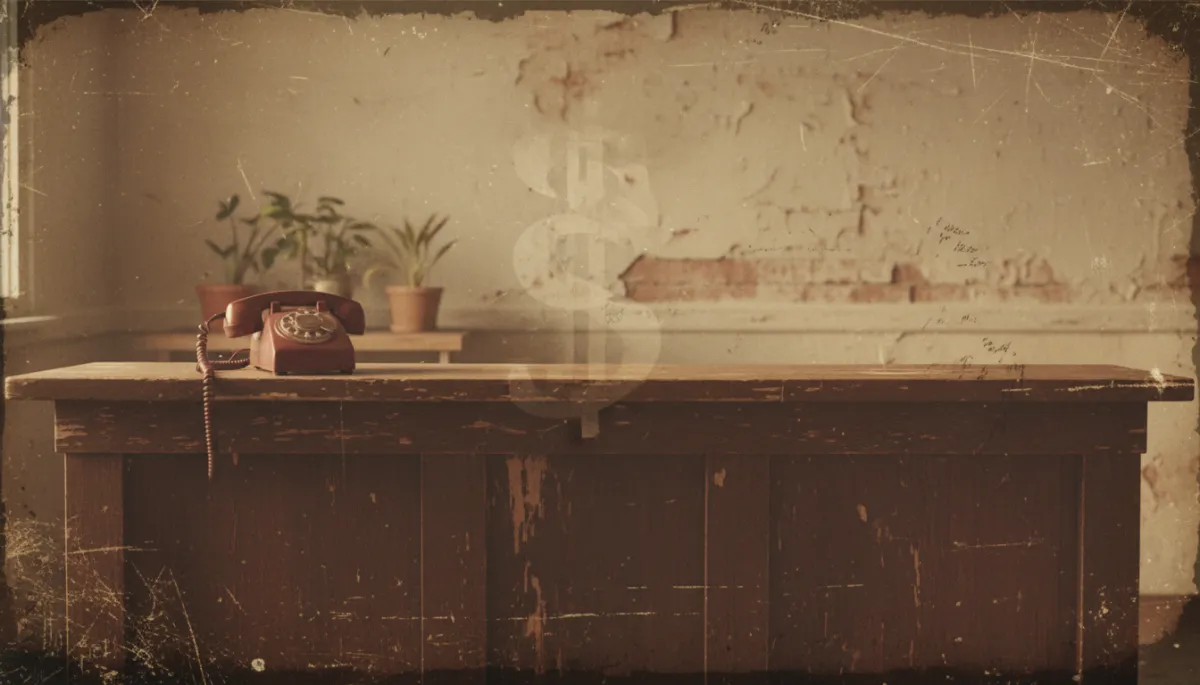 Grunge distressed warm neutral image of an unanswered phone at a senior living front desk