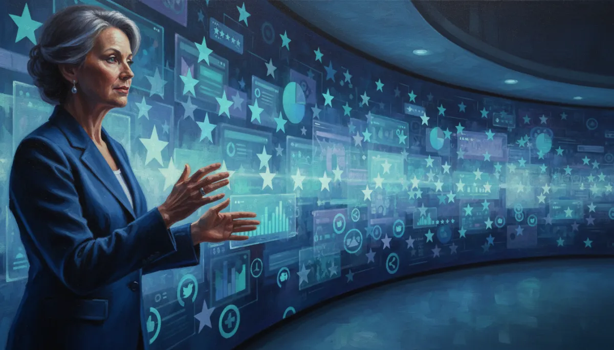 canvas oil painting of a senior living director reviewing a large wall of softly glowing review stars, website screens, and social icons in cool shadow tones, suggesting an organized digital command center