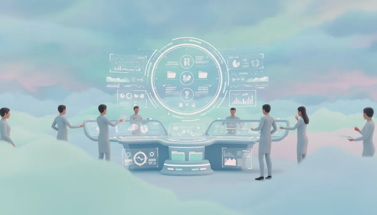 3D pastel digital art of a team using a centralized Medicare compliance dashboard
