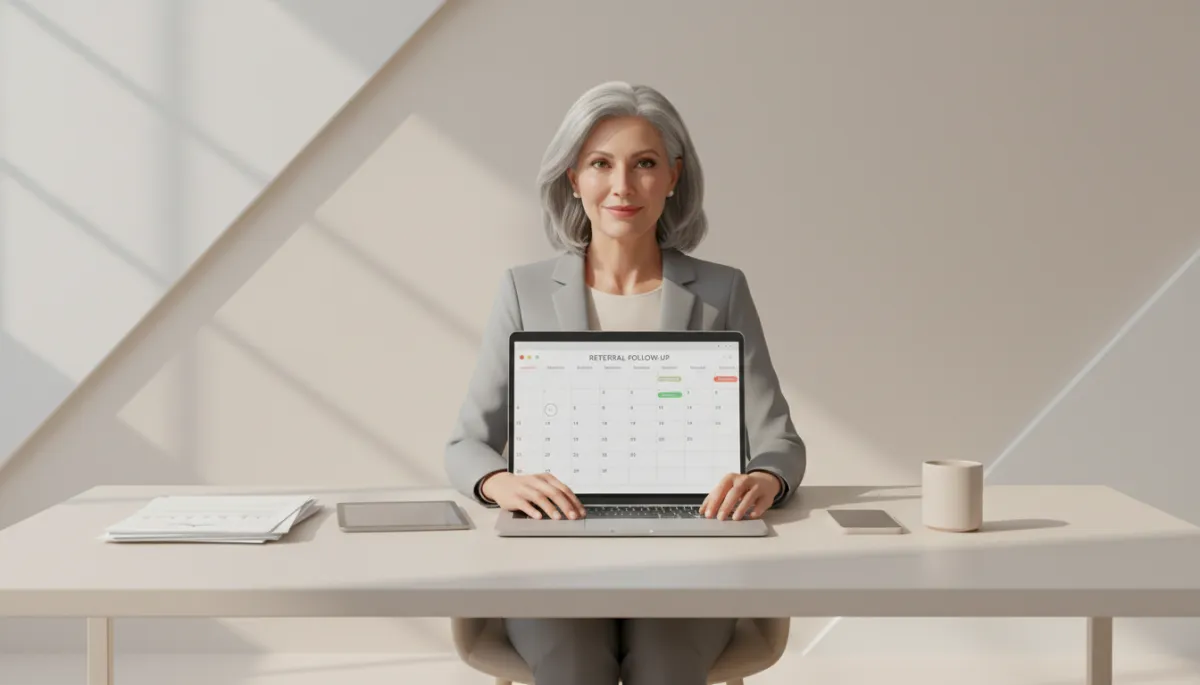 professional neutral-toned photo of a senior care marketer sitting at a desk with a laptop open to a referral follow-up calendar, neatly arranged paperwork and a phone nearby, calm office environment