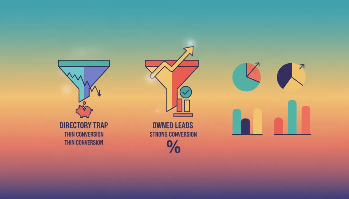 Minimal flat pop retro graphic comparing directory leads funnel to owned leads funnel