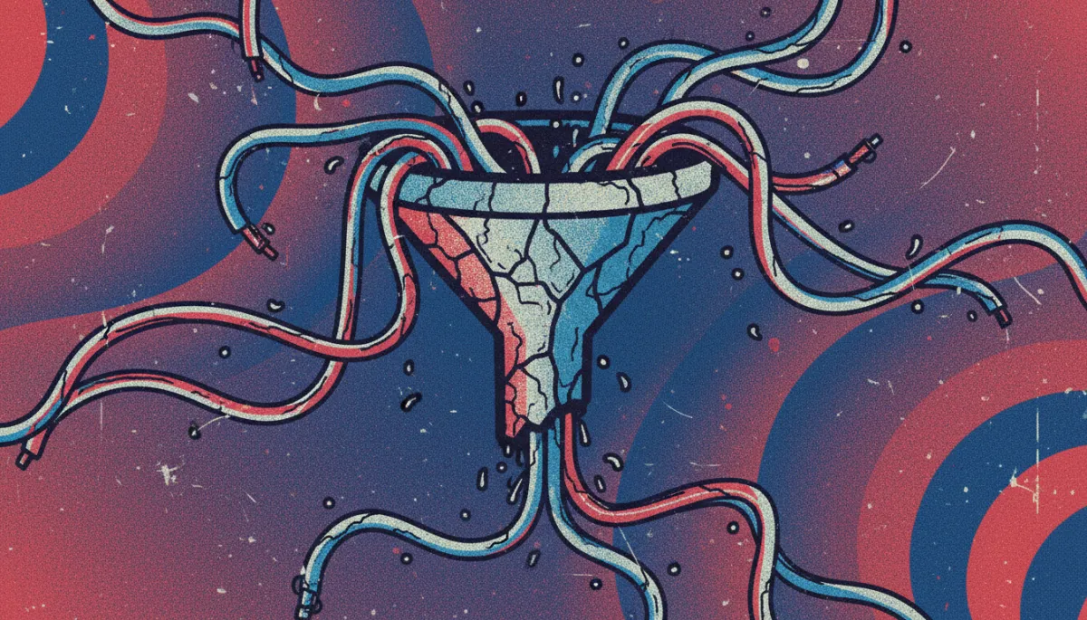 Grunge distressed pop retro graphic of a funnel leaking leads due to slow responses