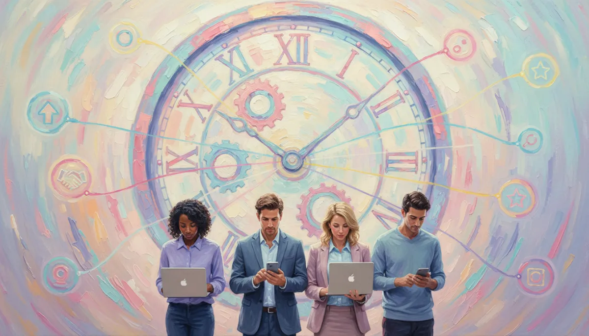 Canvas oil painting of a fast-moving business team focused on rapid client response in soft pastel colors