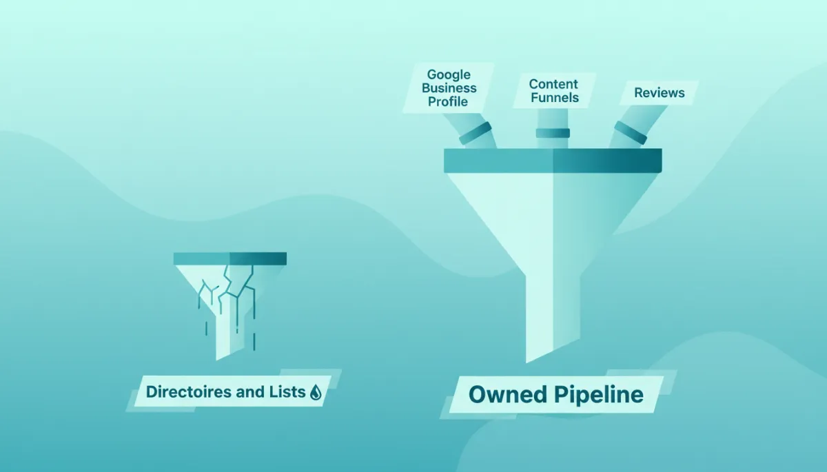 Illustration comparing a leaky rented funnel to a strong owned pipeline funnel Illustration comparing a leaky rented funnel to a strong owned pipeline funnel