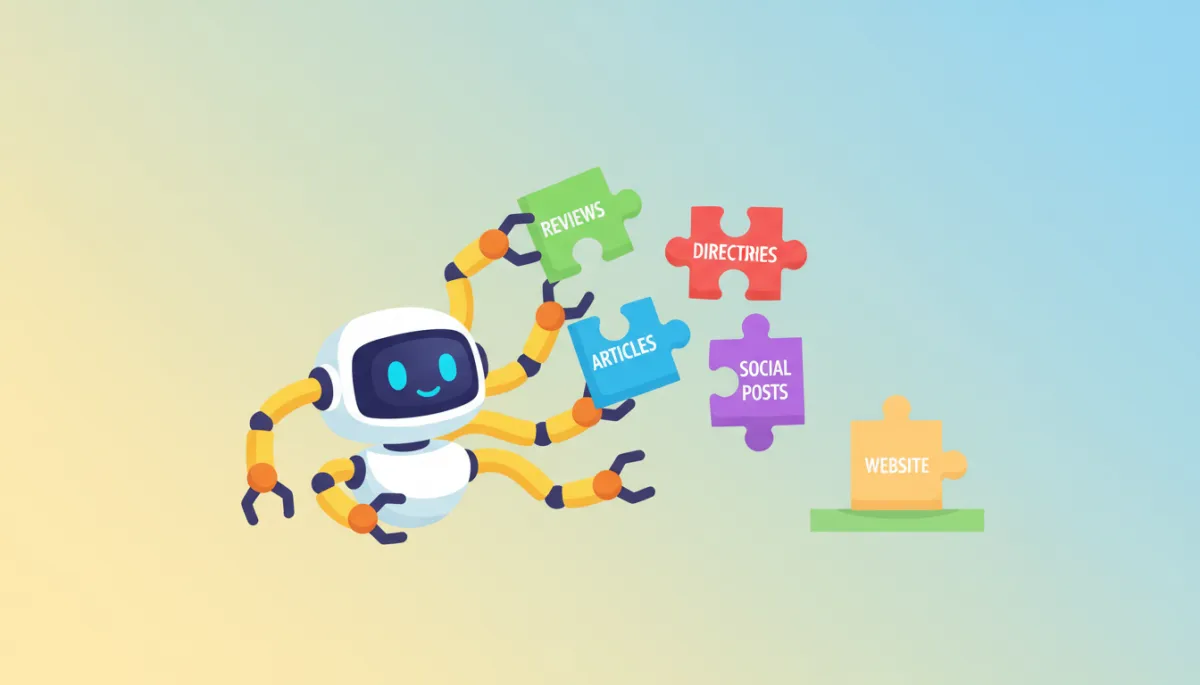 Illustration of AI assembling answers from many online sources